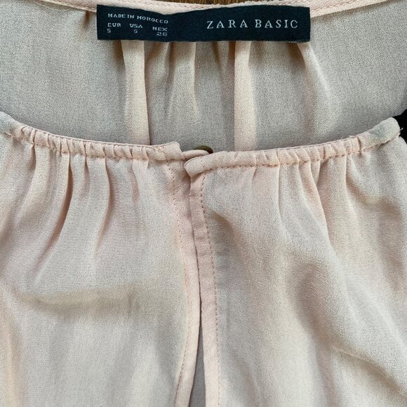 Zara Blouse Chiffon Light Pink Balloon Sleeves Sheer Lace Paneling Womens Small - Picture 6 of 7